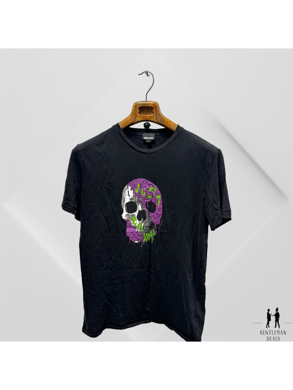 Just Cavalli Mens L Purple Green Skull Black Cotton T Shirt Italy Couture $180